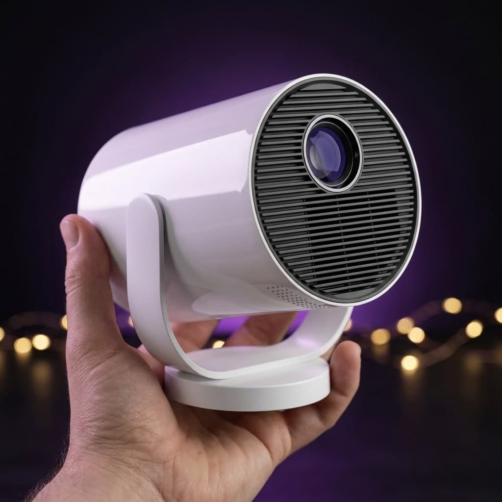 The projector held in one hand, to show its size