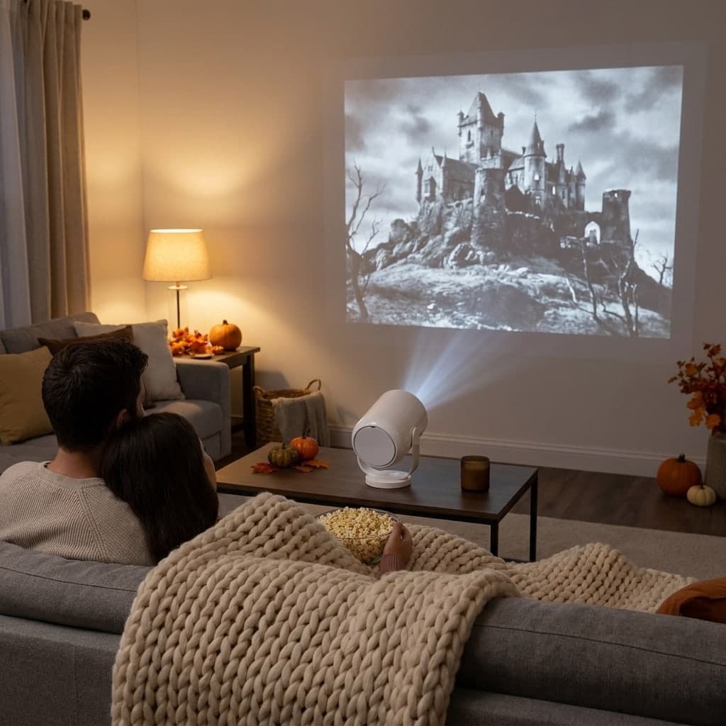 The projector showing a movie on a living room wall