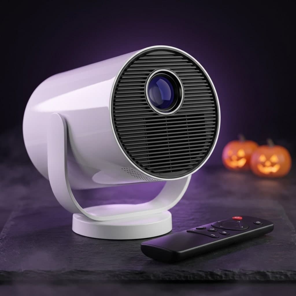 The Haunted Window projector, a small white cylinder on a swivel stand, with its remote