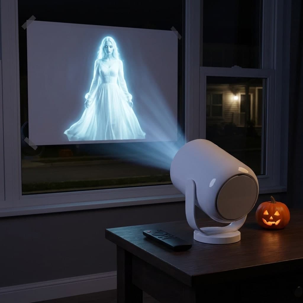 The projector on a side table, projecting a ghost onto a white screen taped inside a window