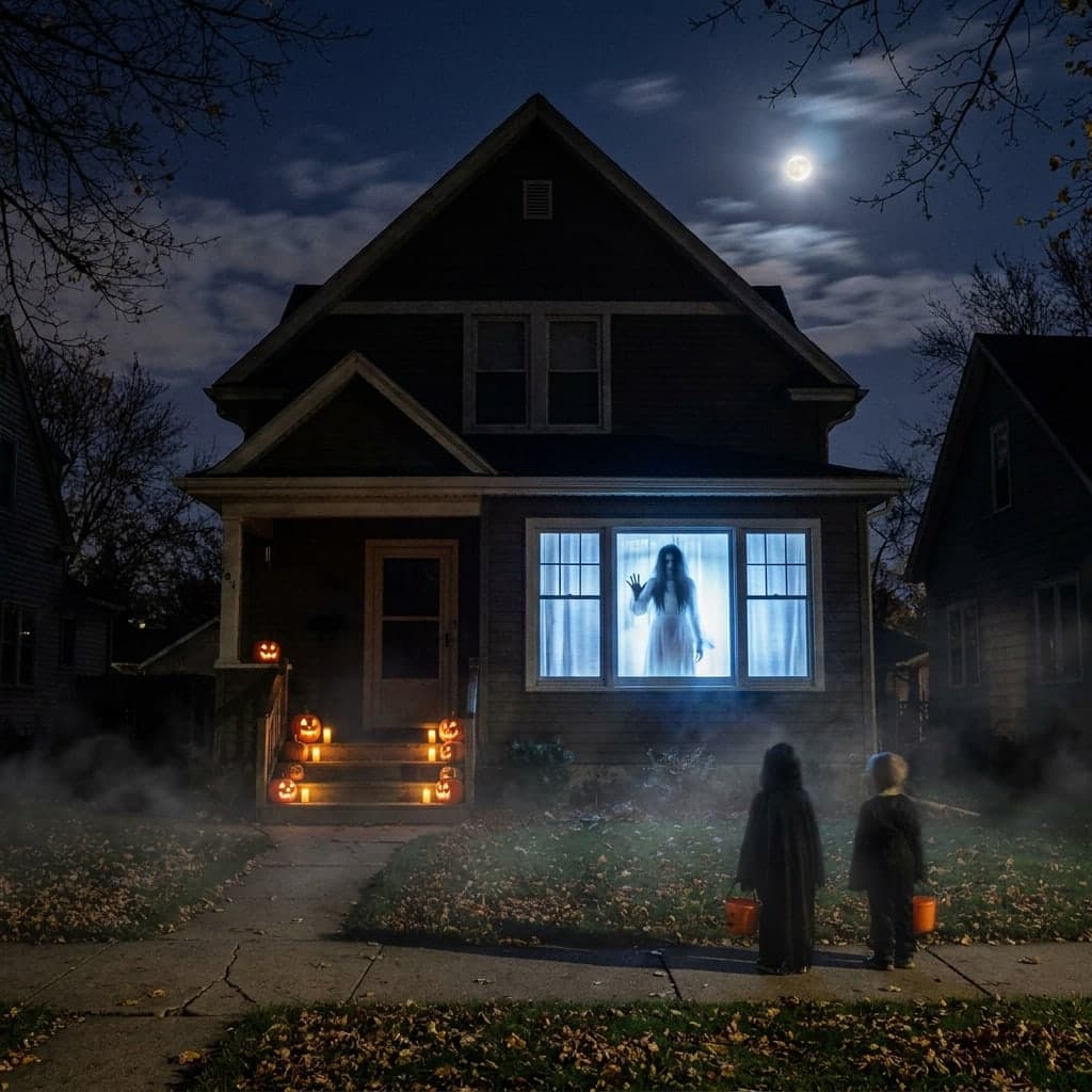 A house at night with a ghost glowing in its front window, seen from the street